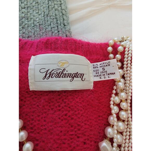 NWT Vintage 80s Cropped Mohair Fuchsia Pink Sweater Cardigan Shoulder pads S M - Picture 5 of 6